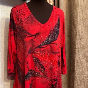 Vintage Jostar long sleeve red and black feather patten  blouse. Size XL.